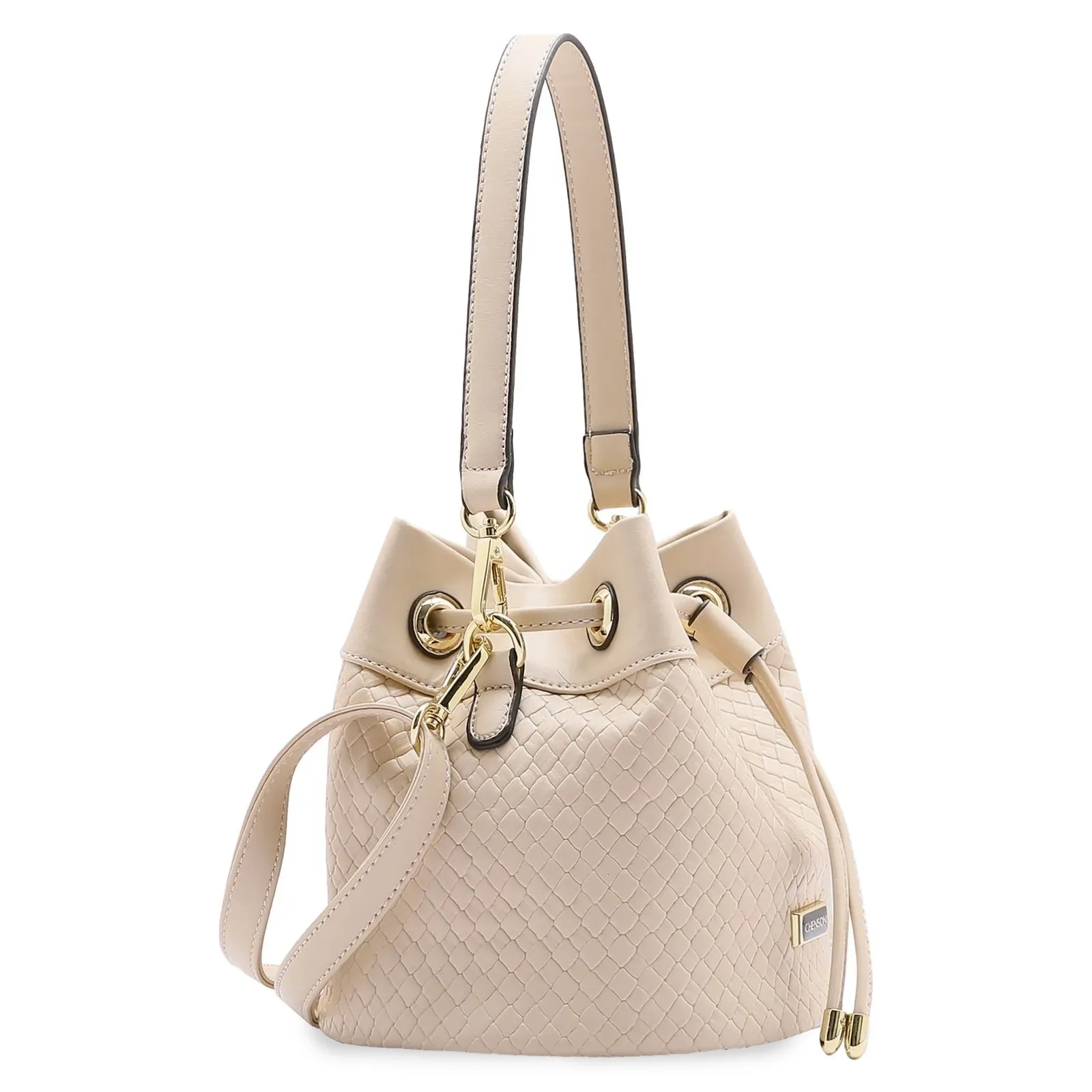 Bolsa Chenson Tresse Elegance bege mostrando alça removível e detalhes metálicos dourados